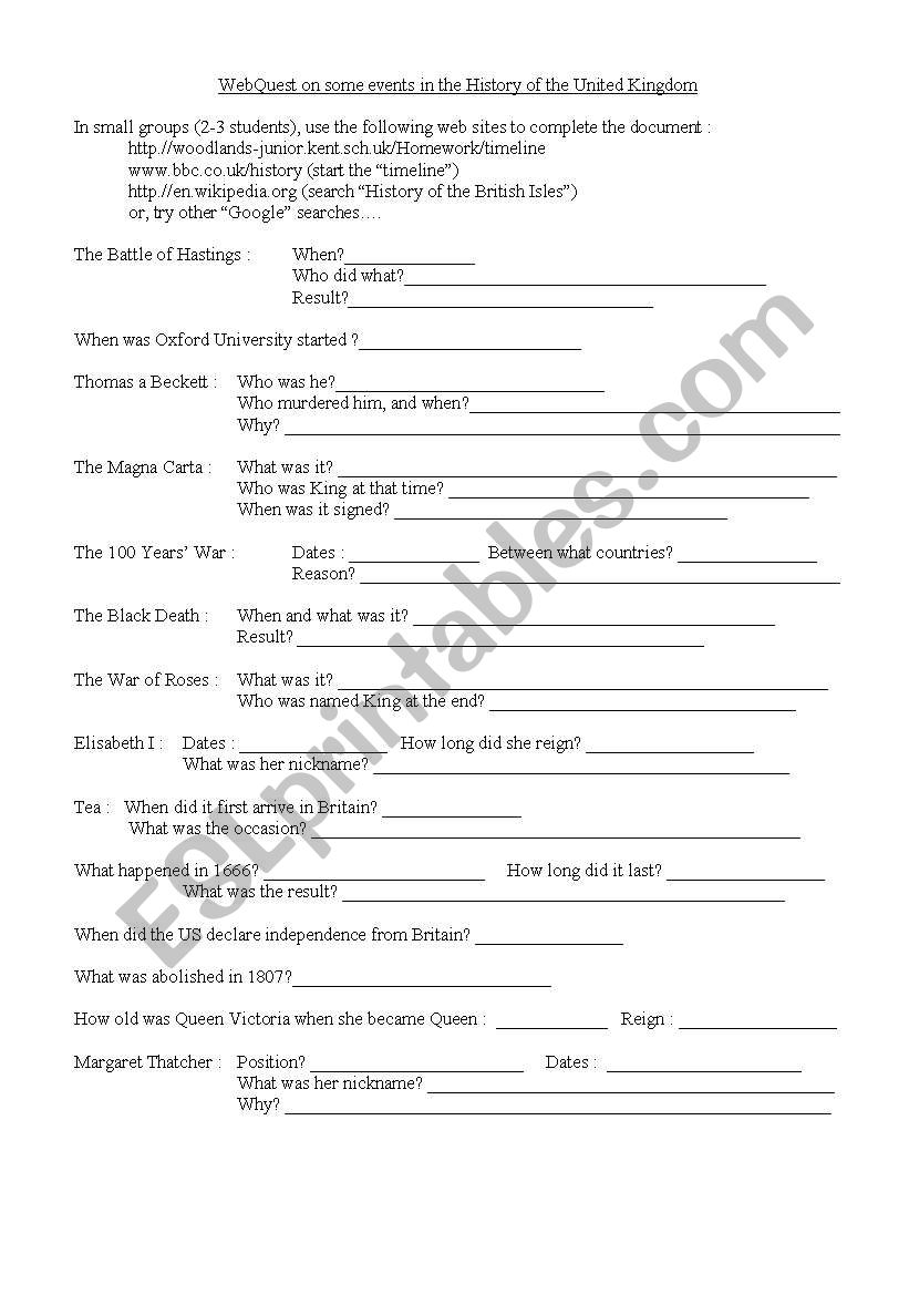 UK History Quest ESL worksheet by wood