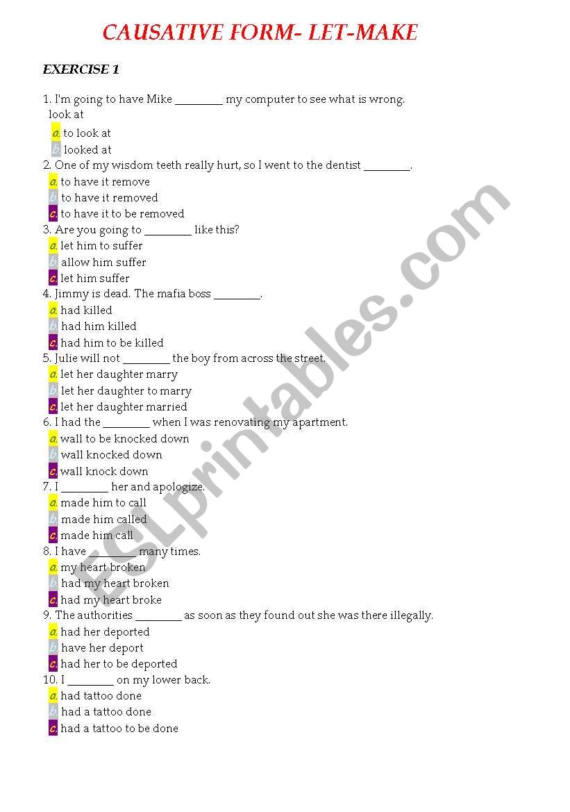 Causative form-Let-Make worksheet