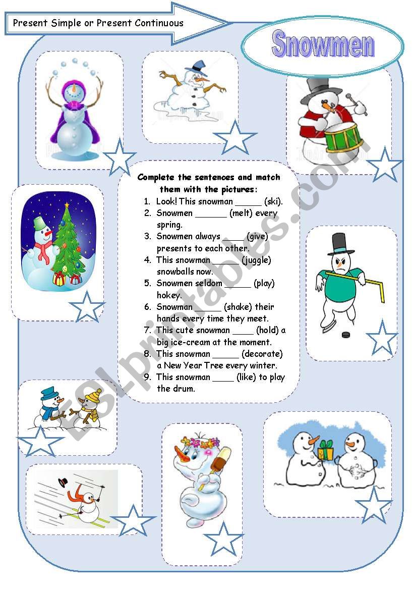 Present Simple or Present Continuous: Snowmen