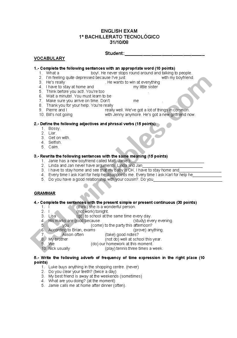 ENGLISH EXAM BACHILLERATO worksheet