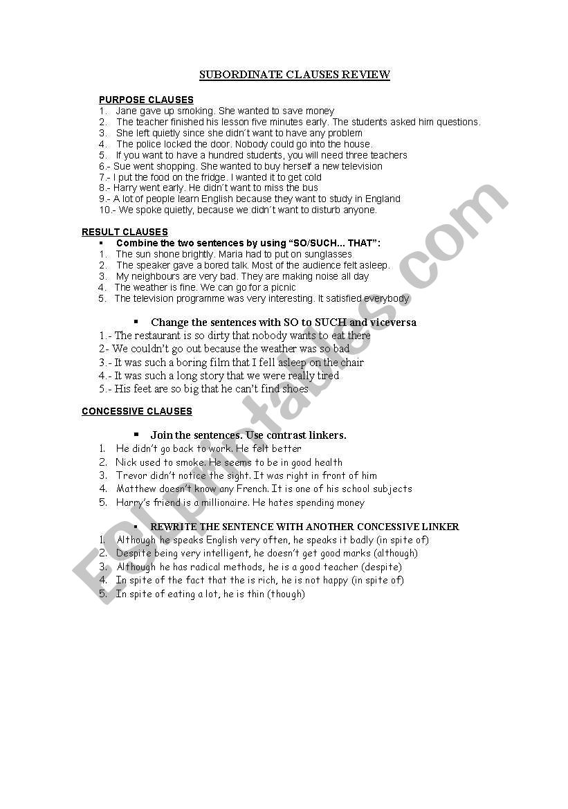 SUBORDINATE CLAUSES worksheet