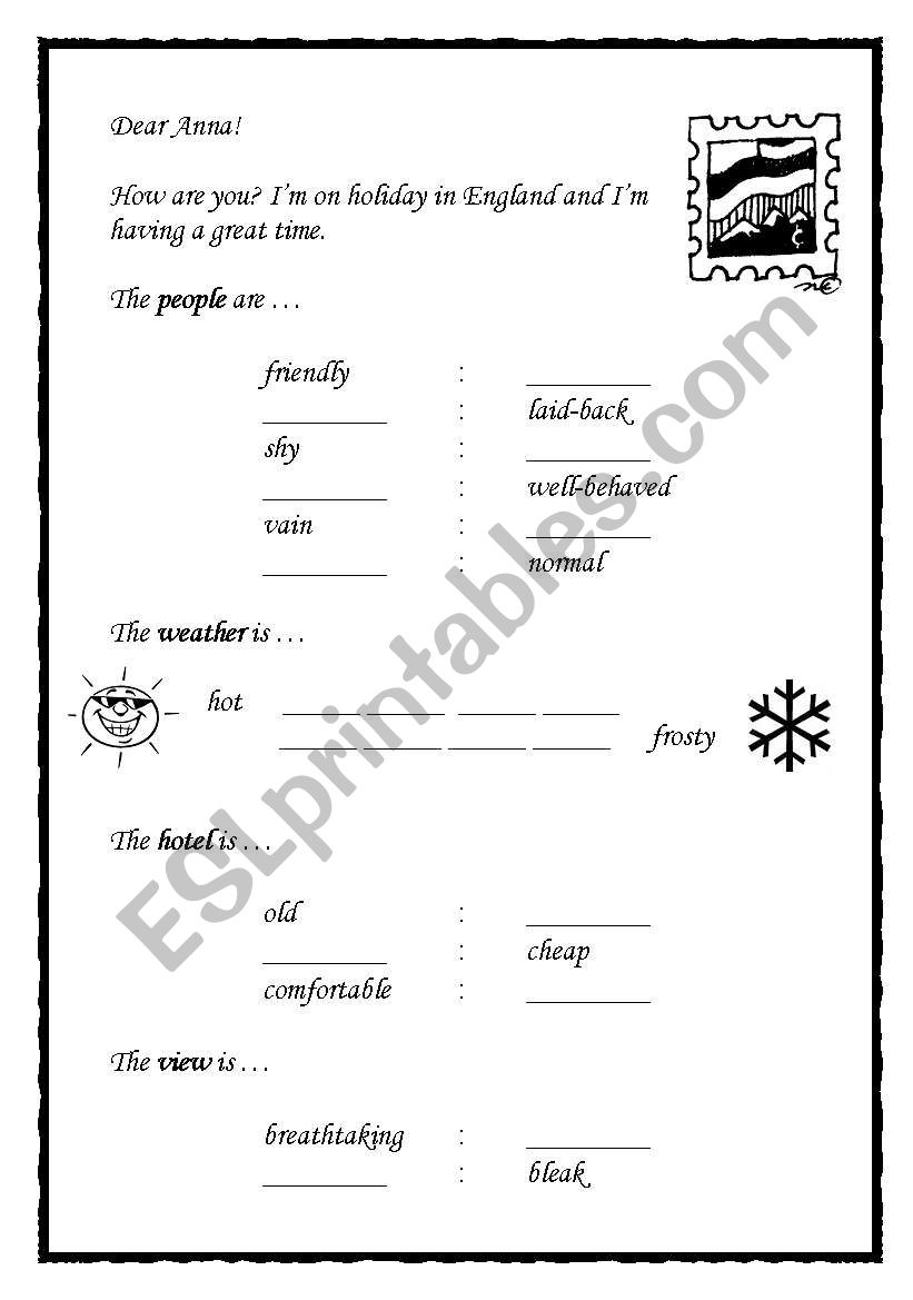 postcard adjectives (elementary) B/W