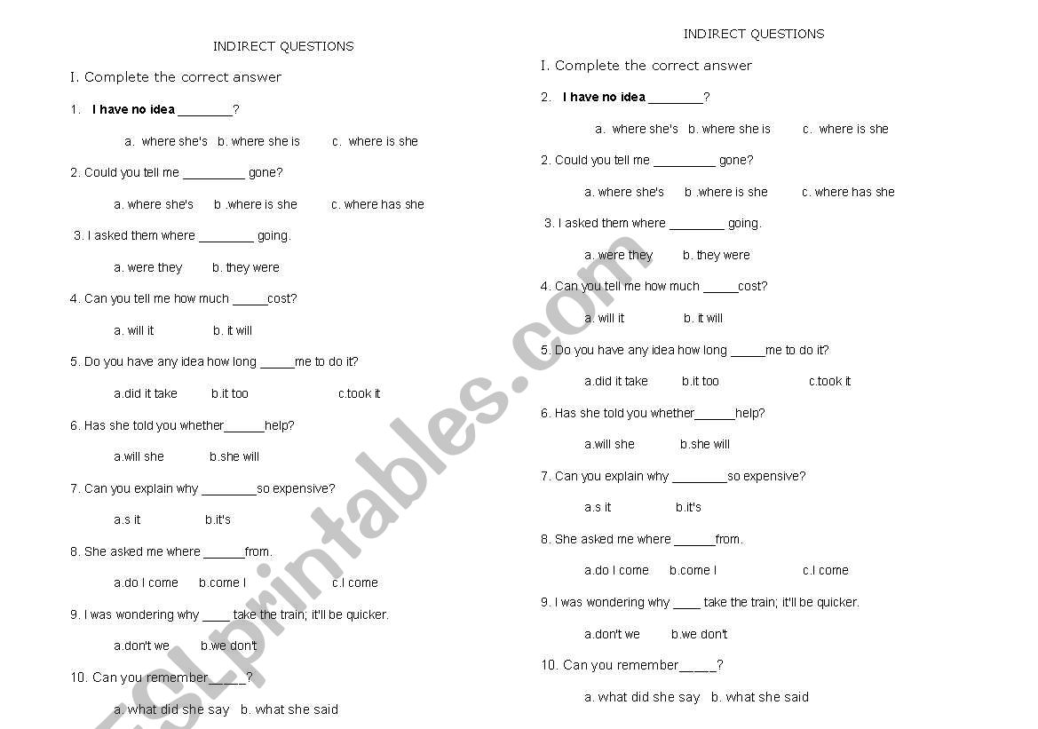 indirect questions worksheet