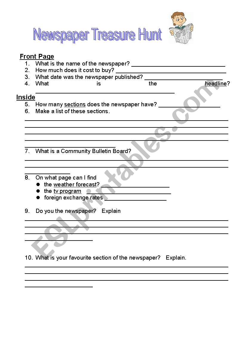 Newspaper Treasure Hunt worksheet