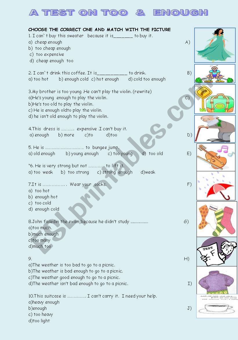 a test on too & enough worksheet