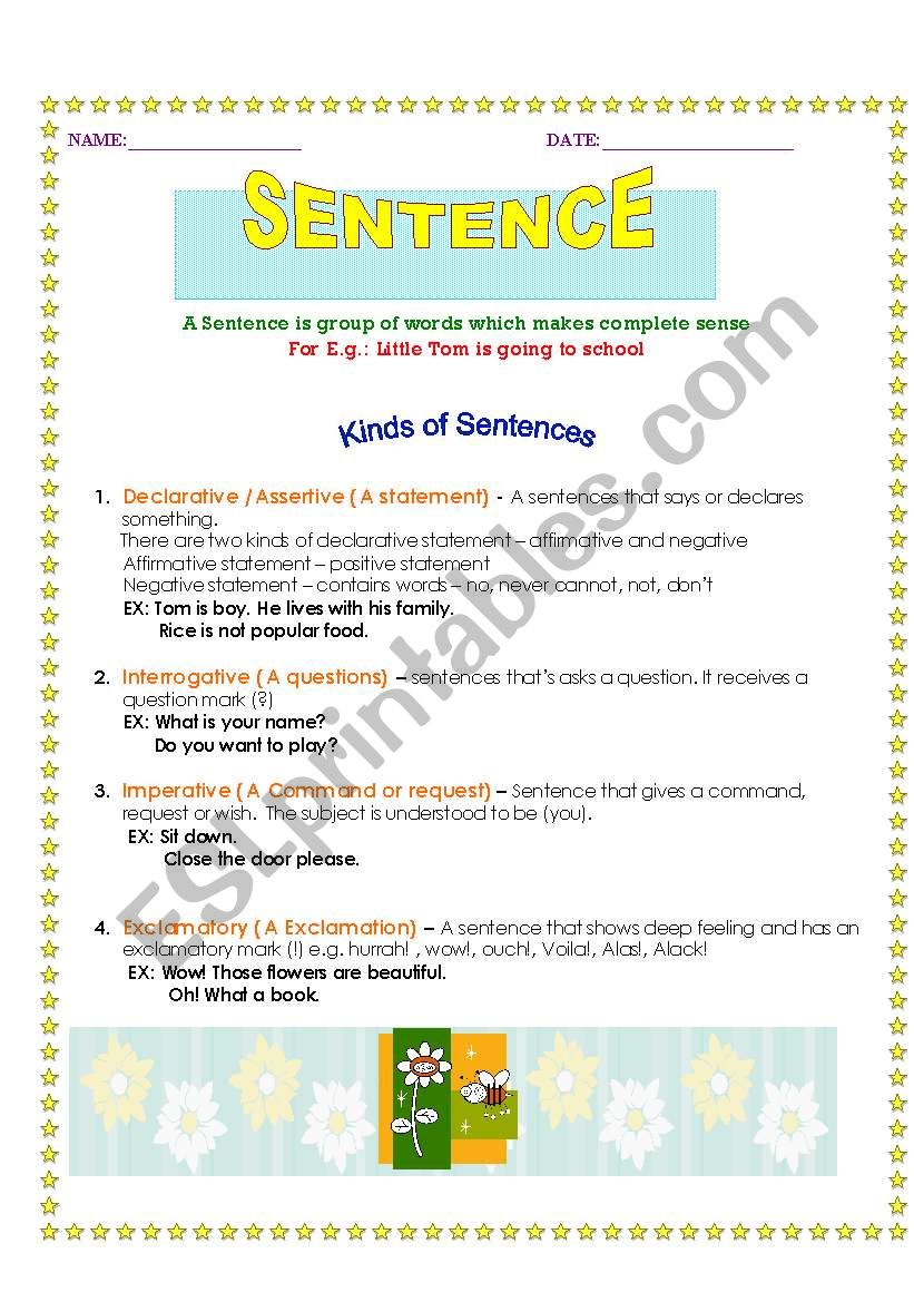 Kinds of Sentence worksheet
