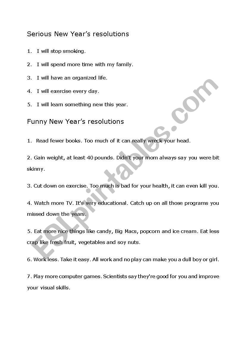 Funny New Years resolutuion worksheet