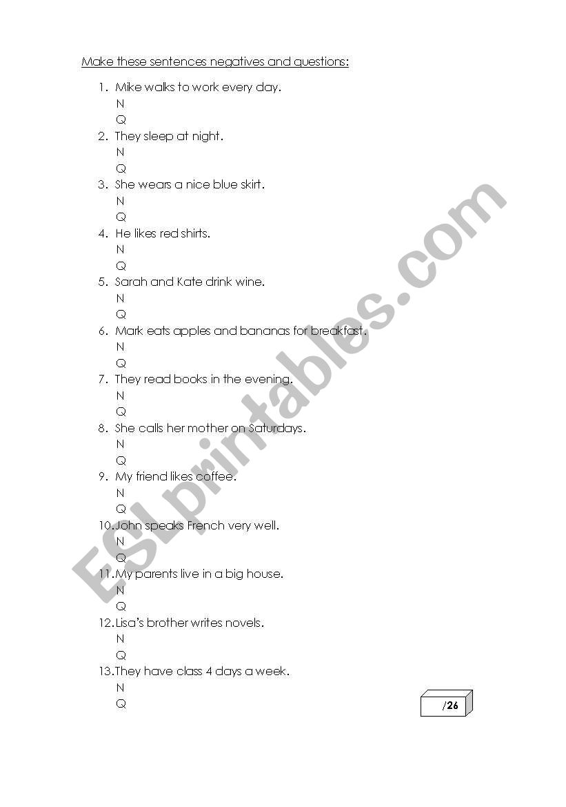 Present simple negatives and questions test
