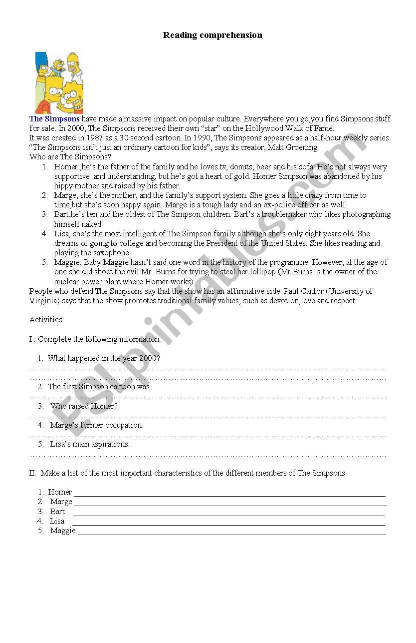 Los simpsons worksheet