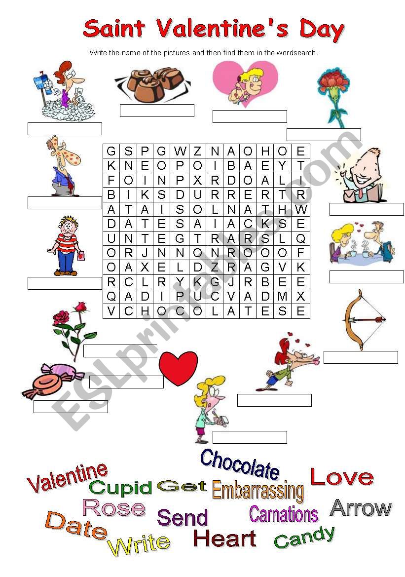 Valentines Day wordsearch worksheet