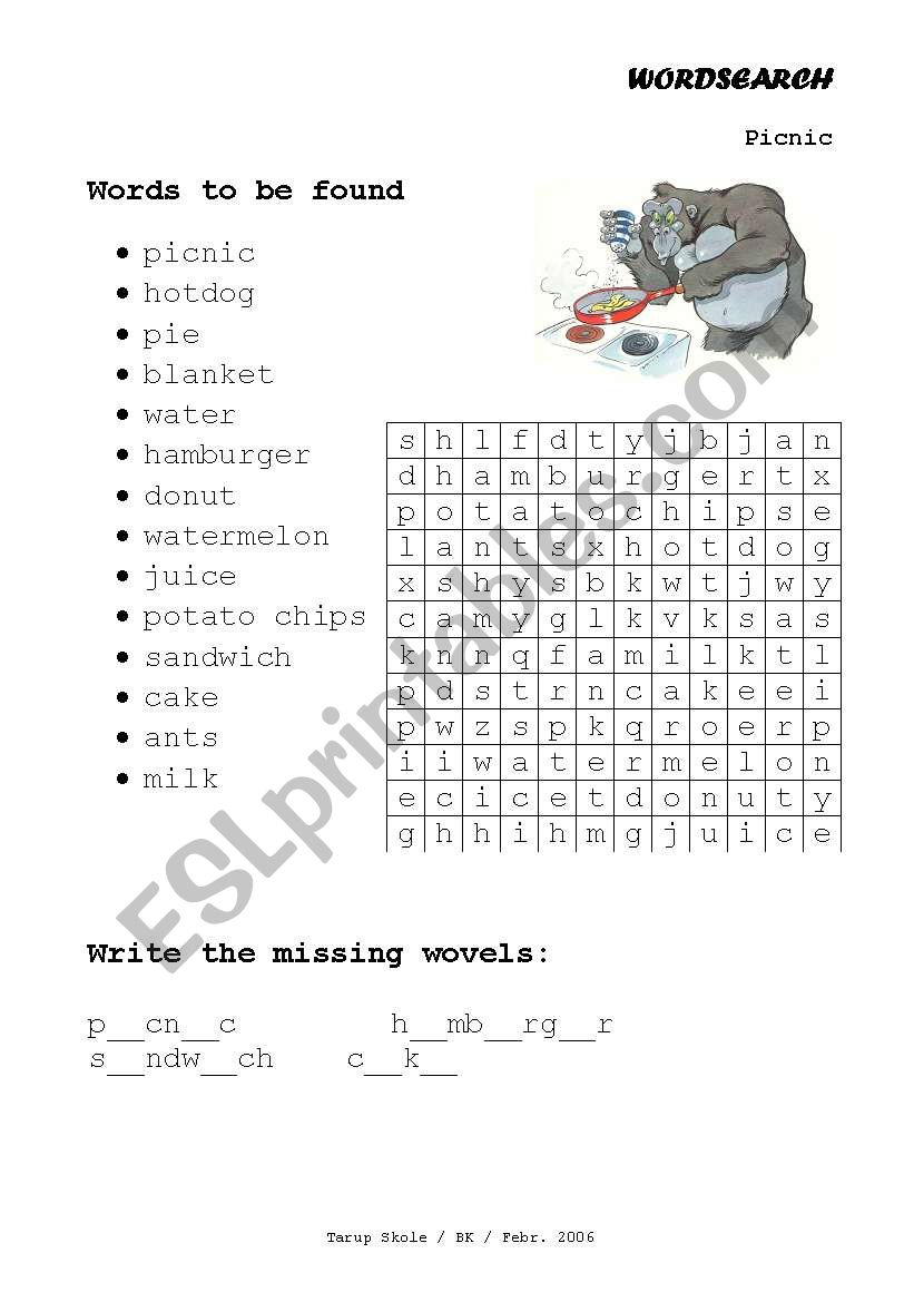 Wordsearch (Picnic) worksheet