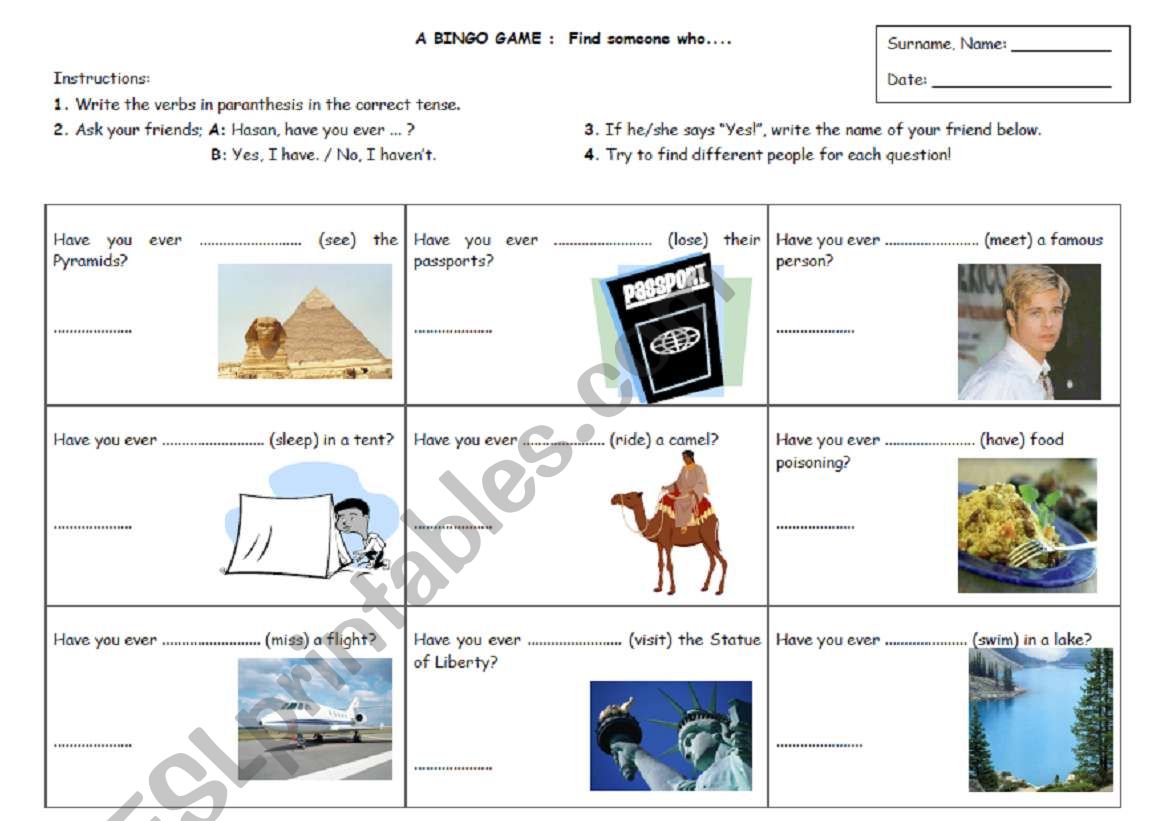 present perfect bingo game worksheet