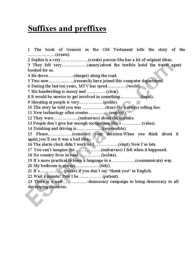 fill in with prefixes and suffixes