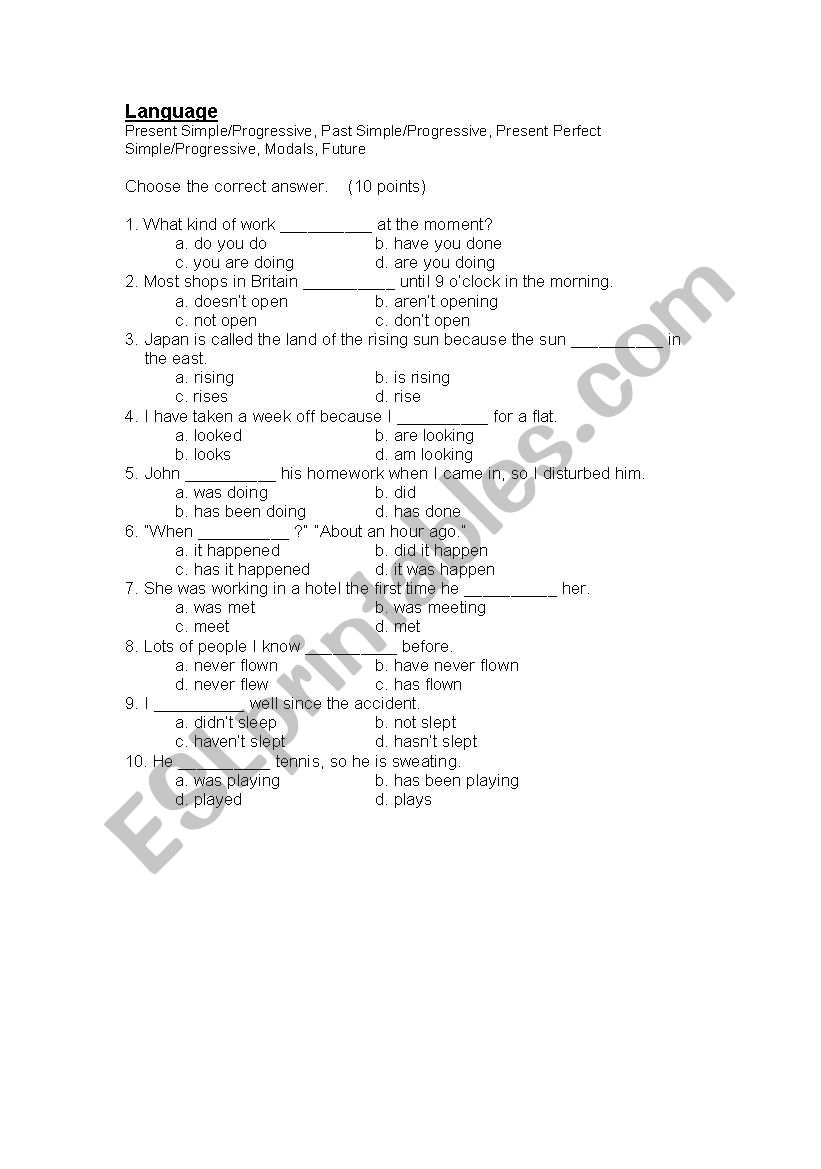 Tense Test - multiple choice worksheet