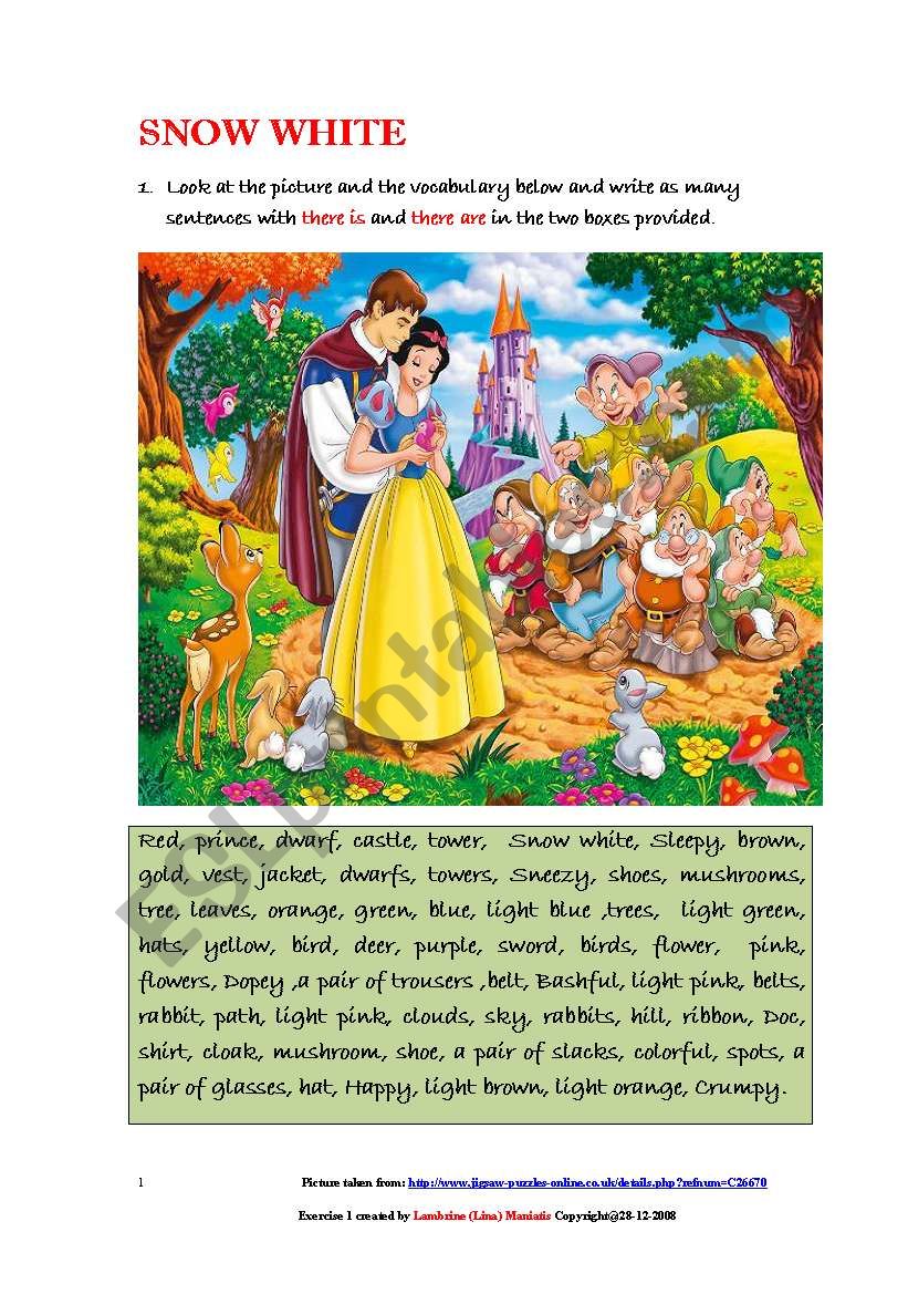 A Picture of Snow White and  various other characters -Using There is and There are