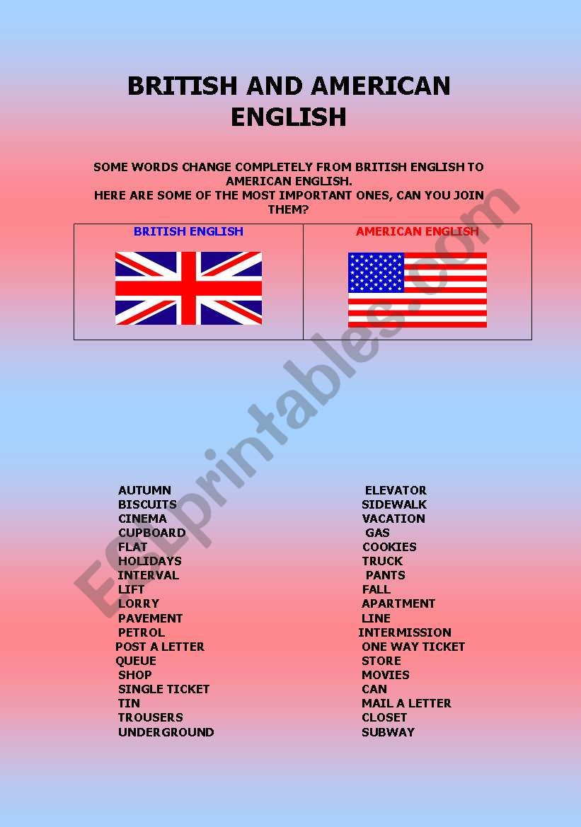 BRITISH AND AMERICAN ENGLISH  worksheet
