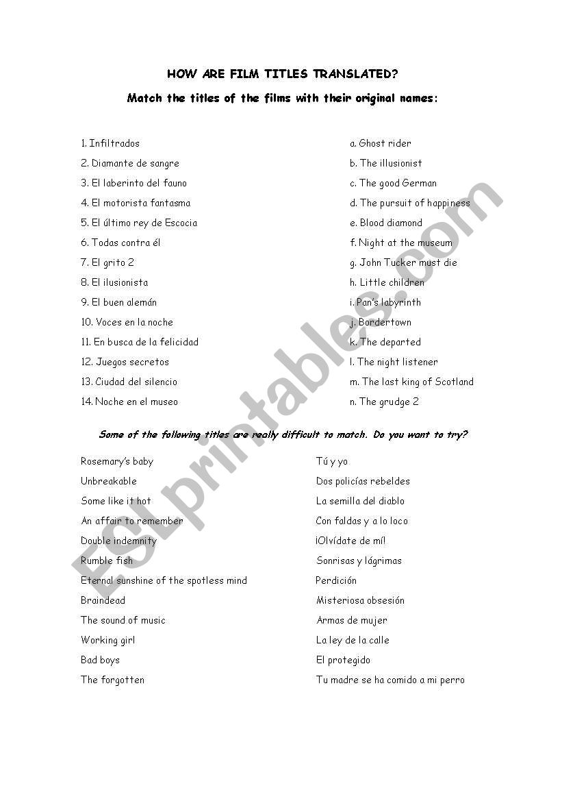 Translation of film titles worksheet