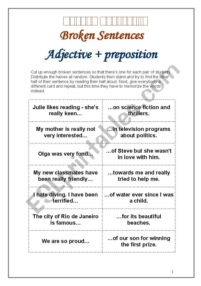 Adjectives and Prepositions - Broken Sentences
