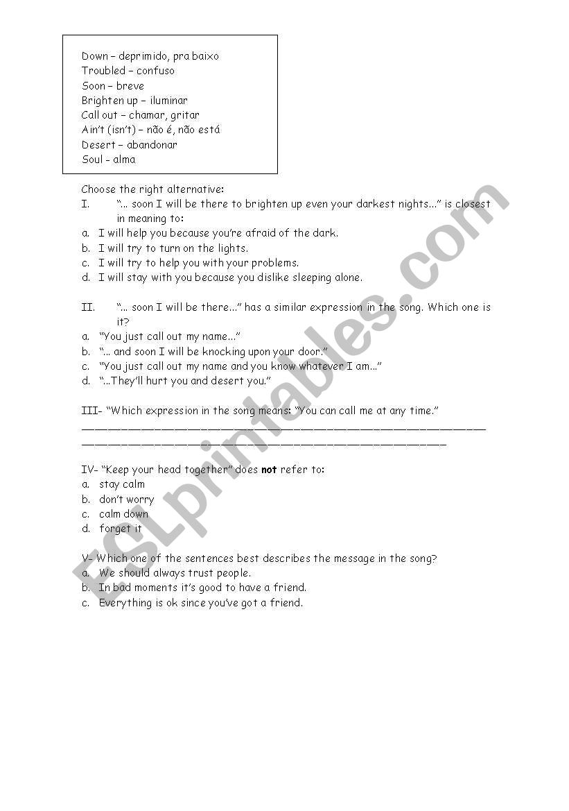 Song You Ve Got A Friend James Taylor Esl Worksheet By Rilufra Song You Ve Got A Friend James Taylor Esl Worksheet By Rilufra