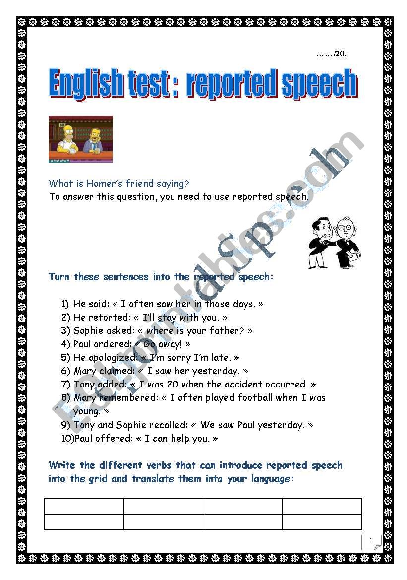 Reported speech (+ answers) worksheet