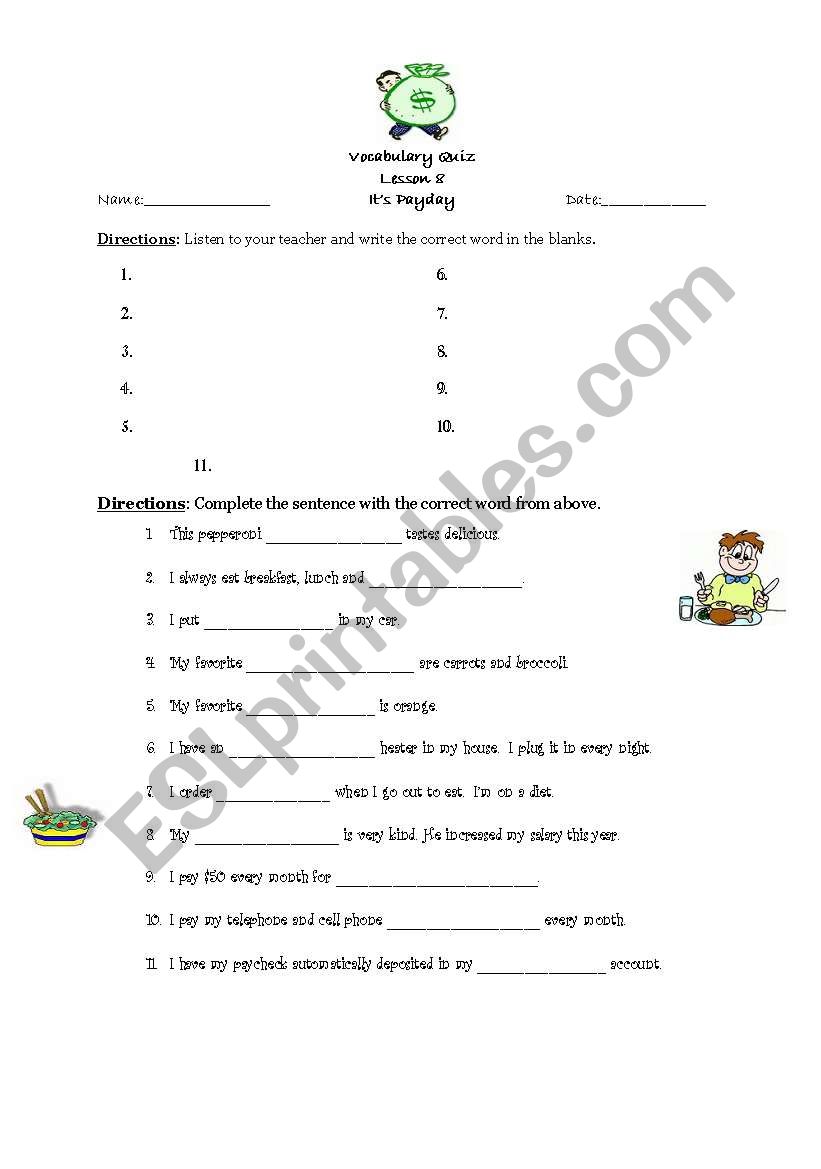 Vocabulary and Dictation quiz, Payday, with answer key