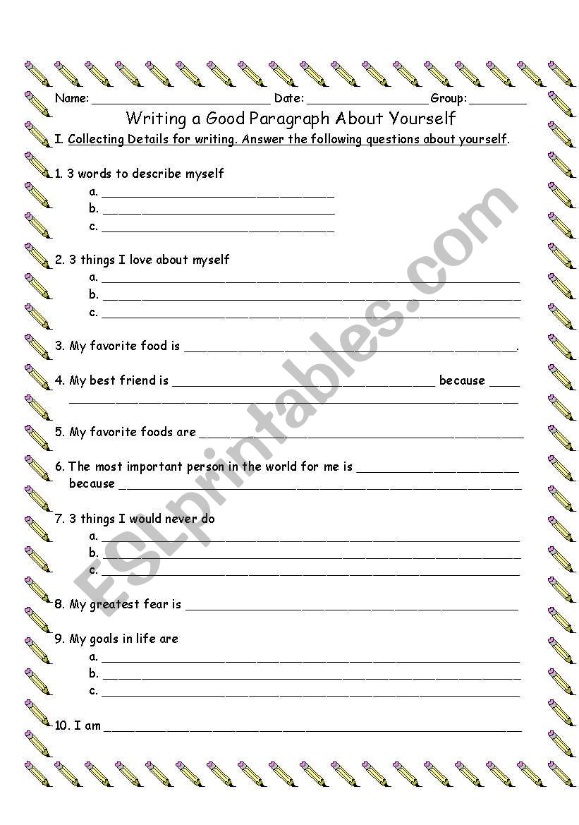 Writing a paragraph about yourself - ESL worksheet by minellpena