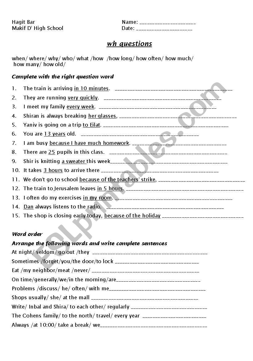 wh questions worksheet