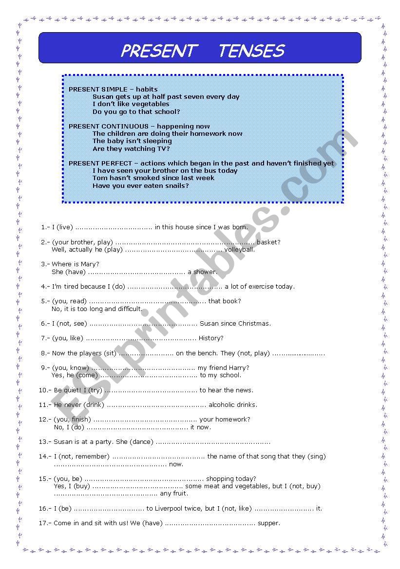 Present tenses revision worksheet