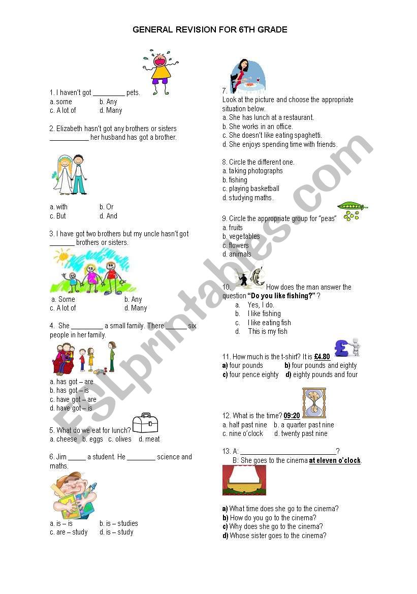 6th grade revision worksheet worksheet