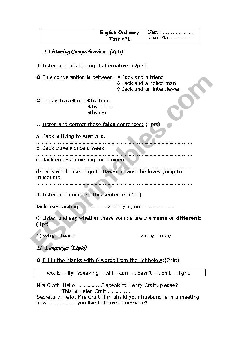 listening test worksheet