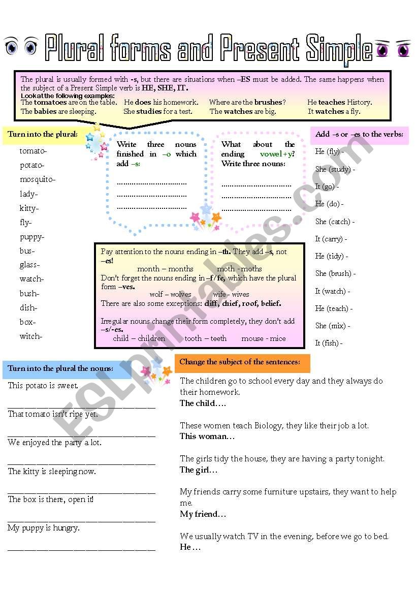 PLURAL FORMS AND PRESENT SIMPLE ESL Worksheet By Domnitza