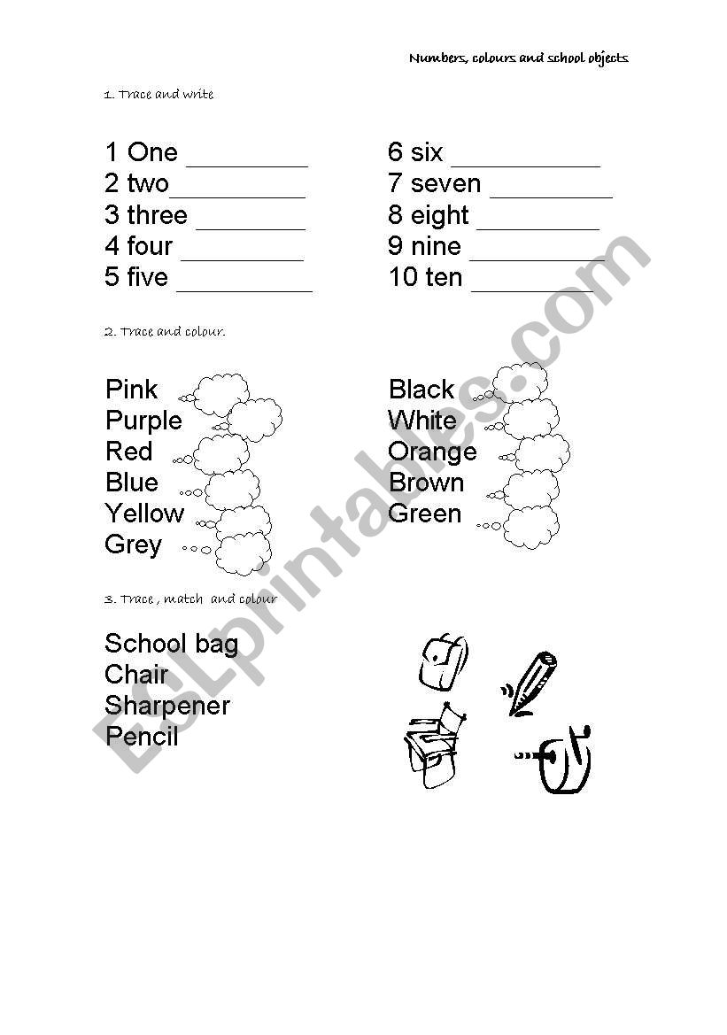 numbers colours and school objects