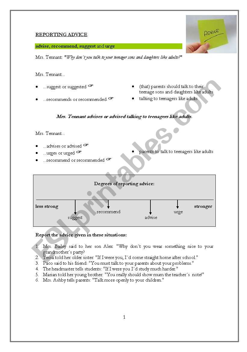 reporting advice worksheet