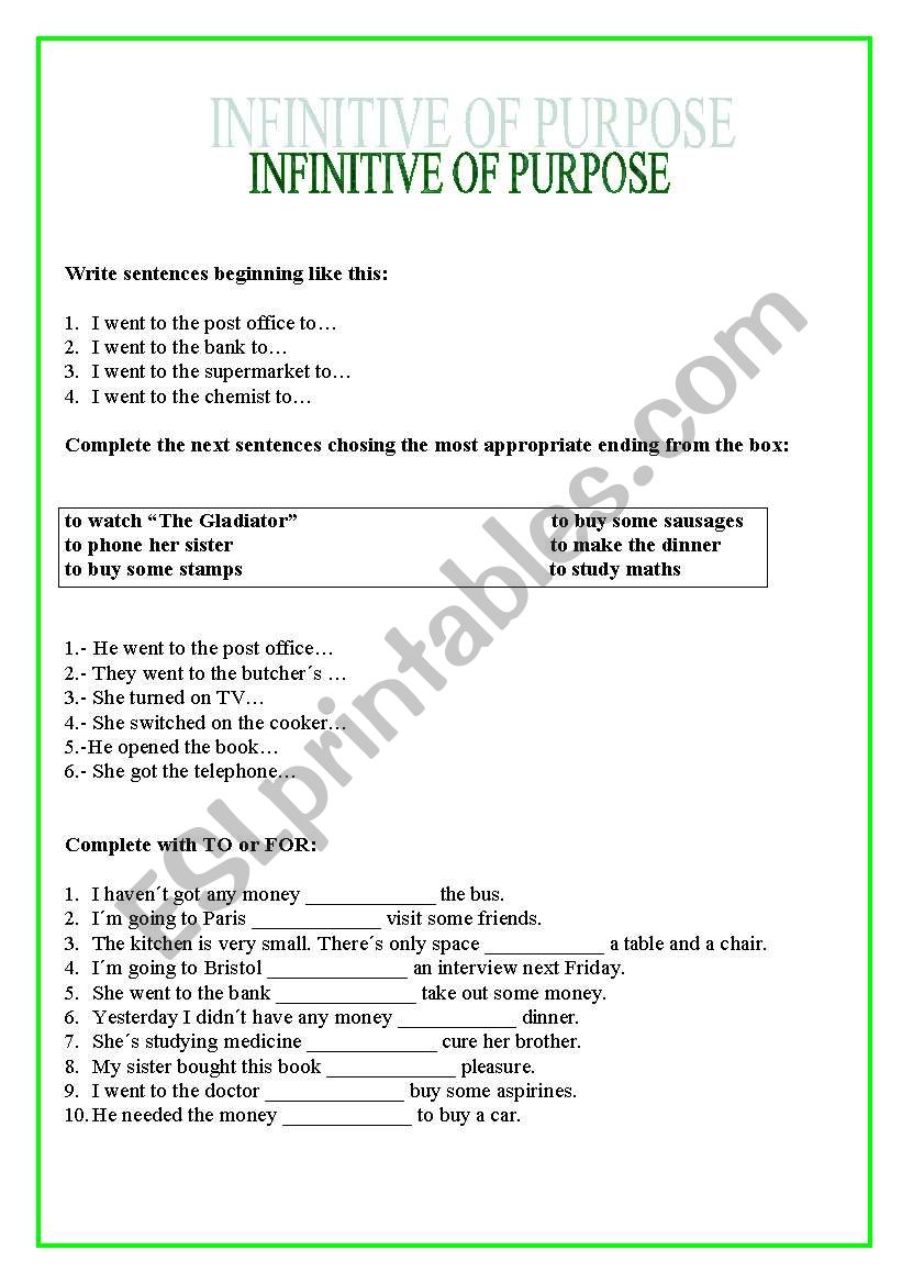 INFINITIVE OF PURPOSE worksheet