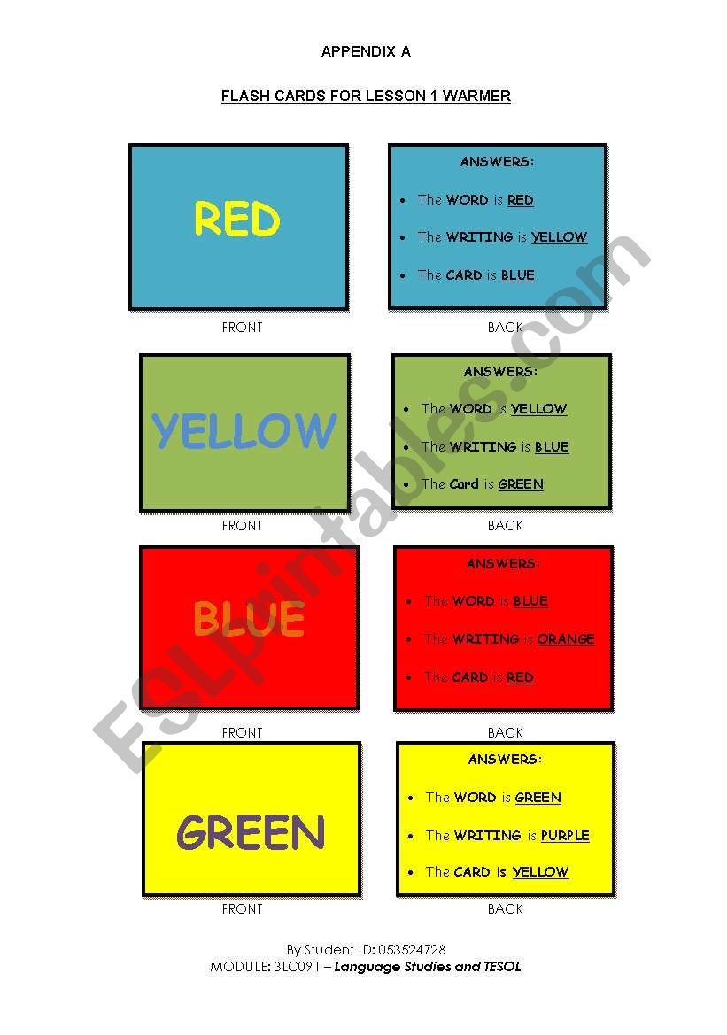 THE COLOURS GAME WARMER worksheet