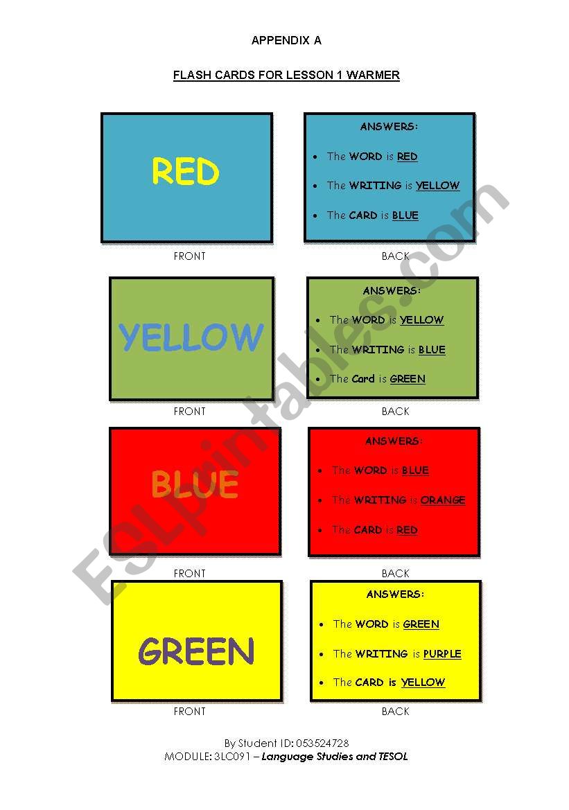 THE COLOURS GAME WARMER worksheet