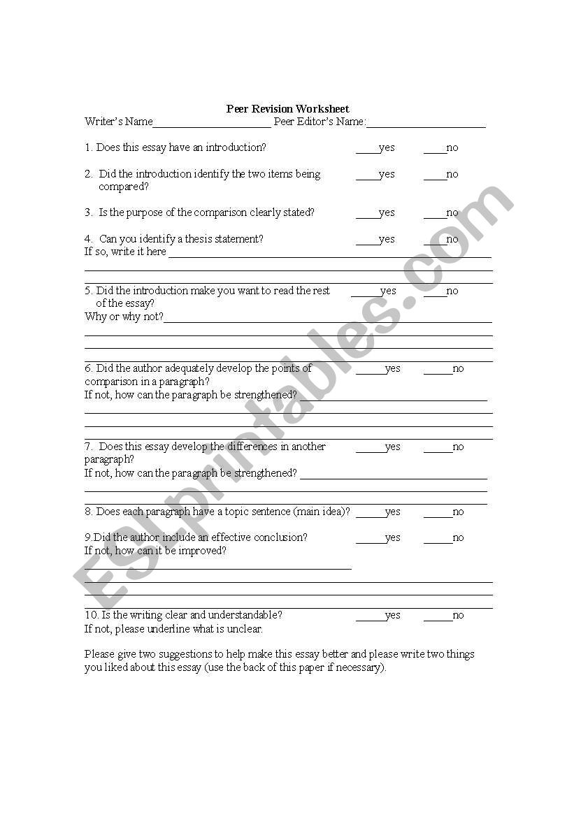 Peer Revision Compare/Contrast Essay