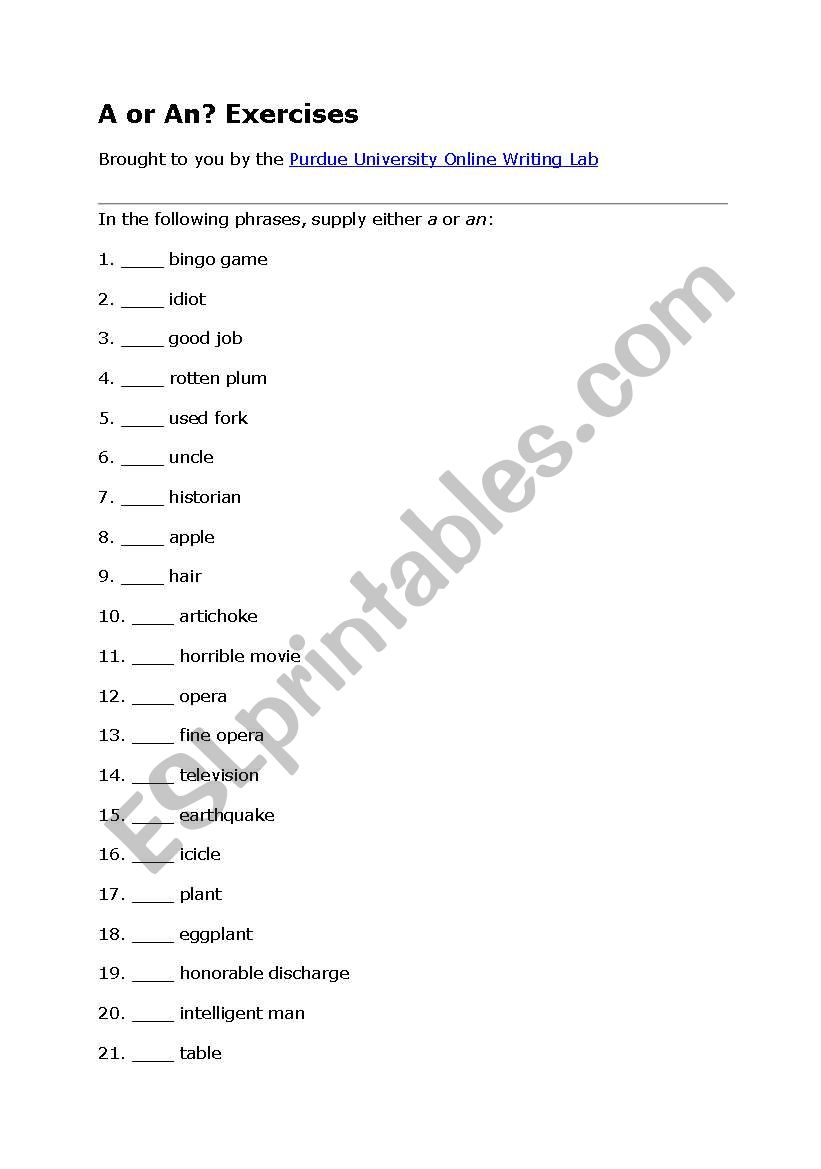 determiners a/and worksheet