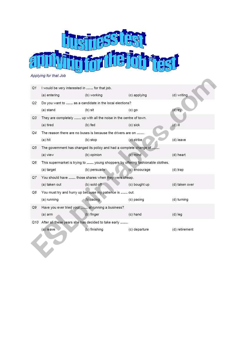 business test worksheet