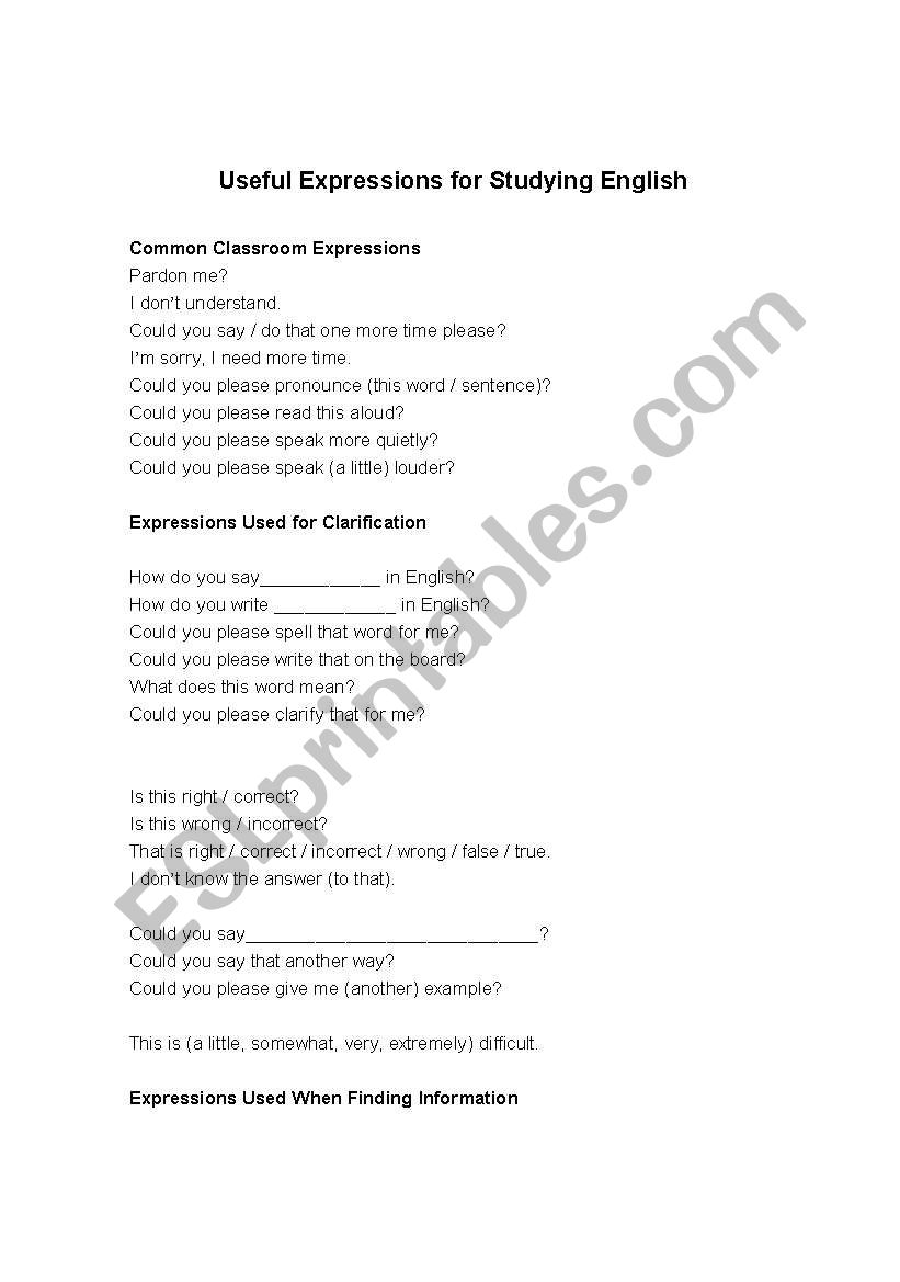 Useful Classroom Expressions for Studying English