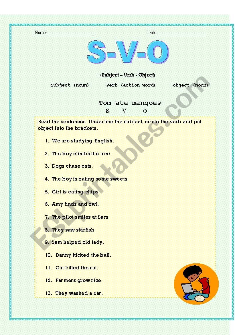 Subject , Verb and object worksheet