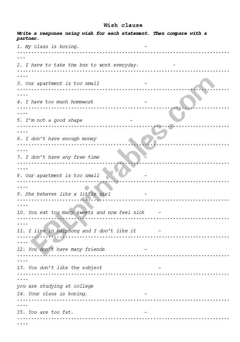 Wish clause worksheet