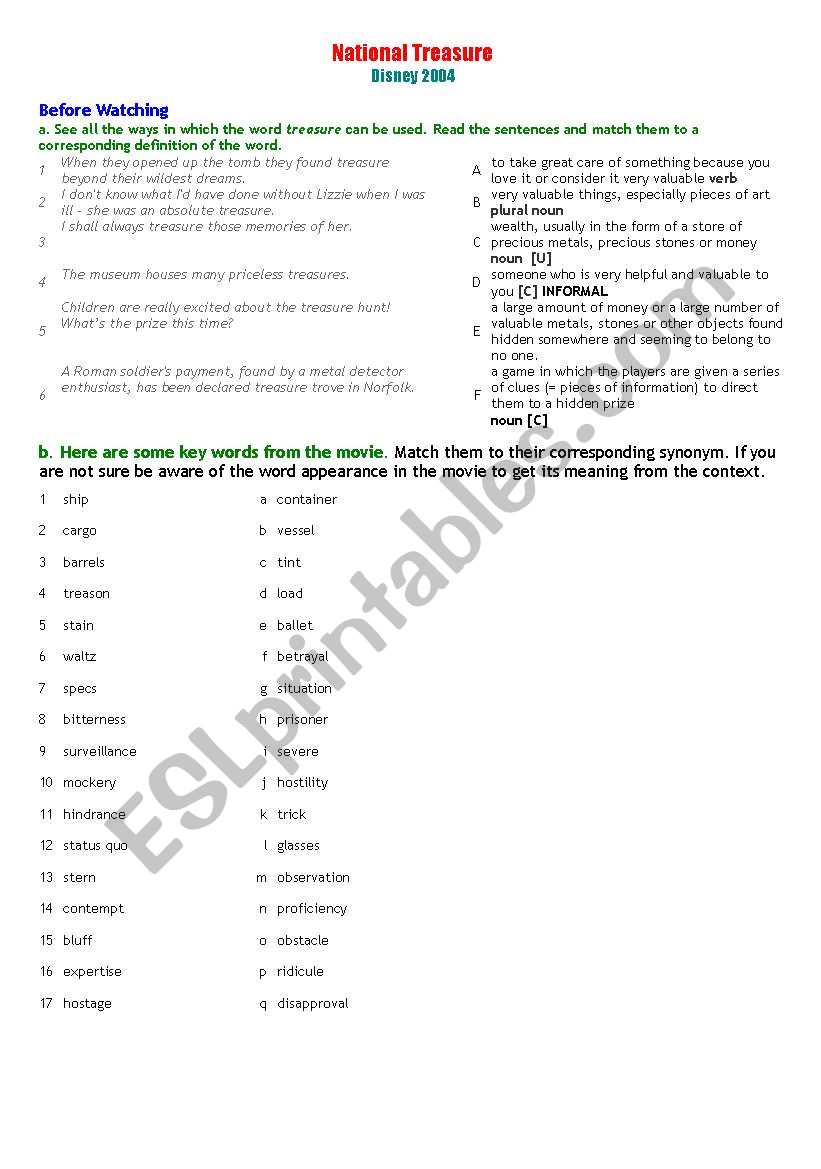 NATIONAL TREASURE worksheet