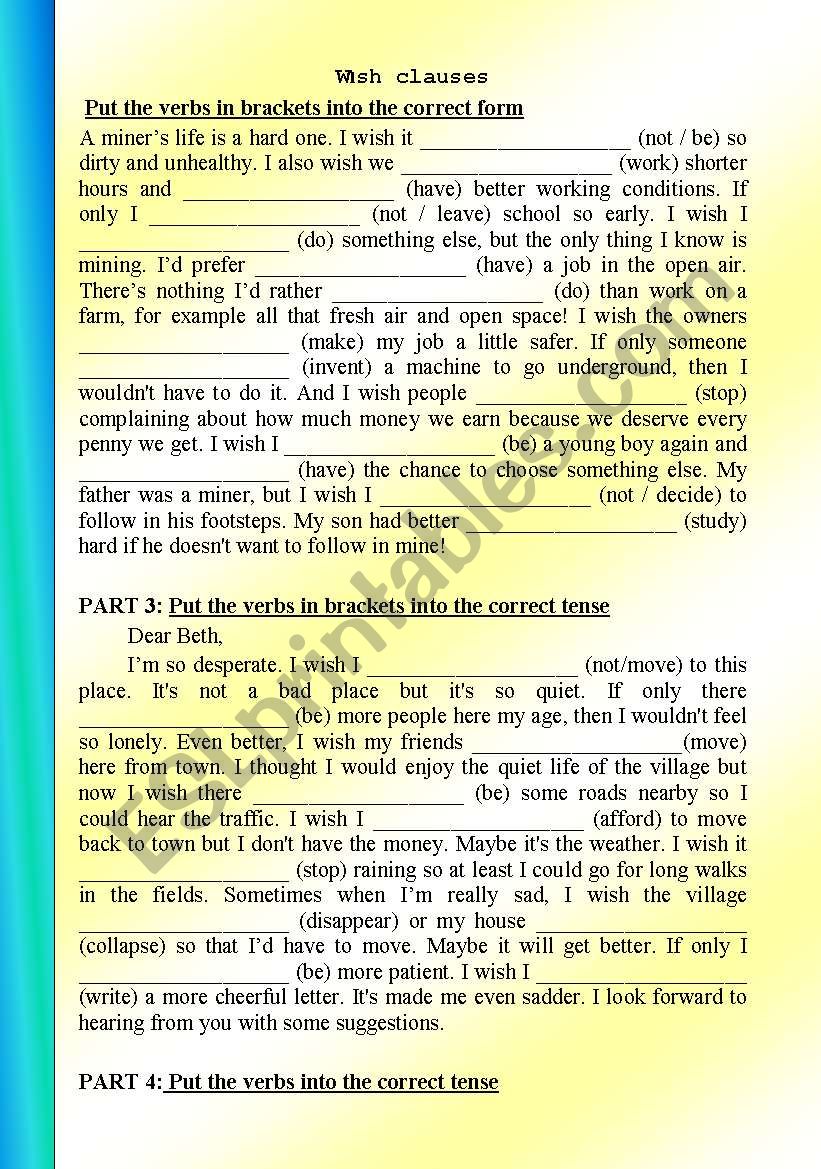 wish clause correct tense  worksheet