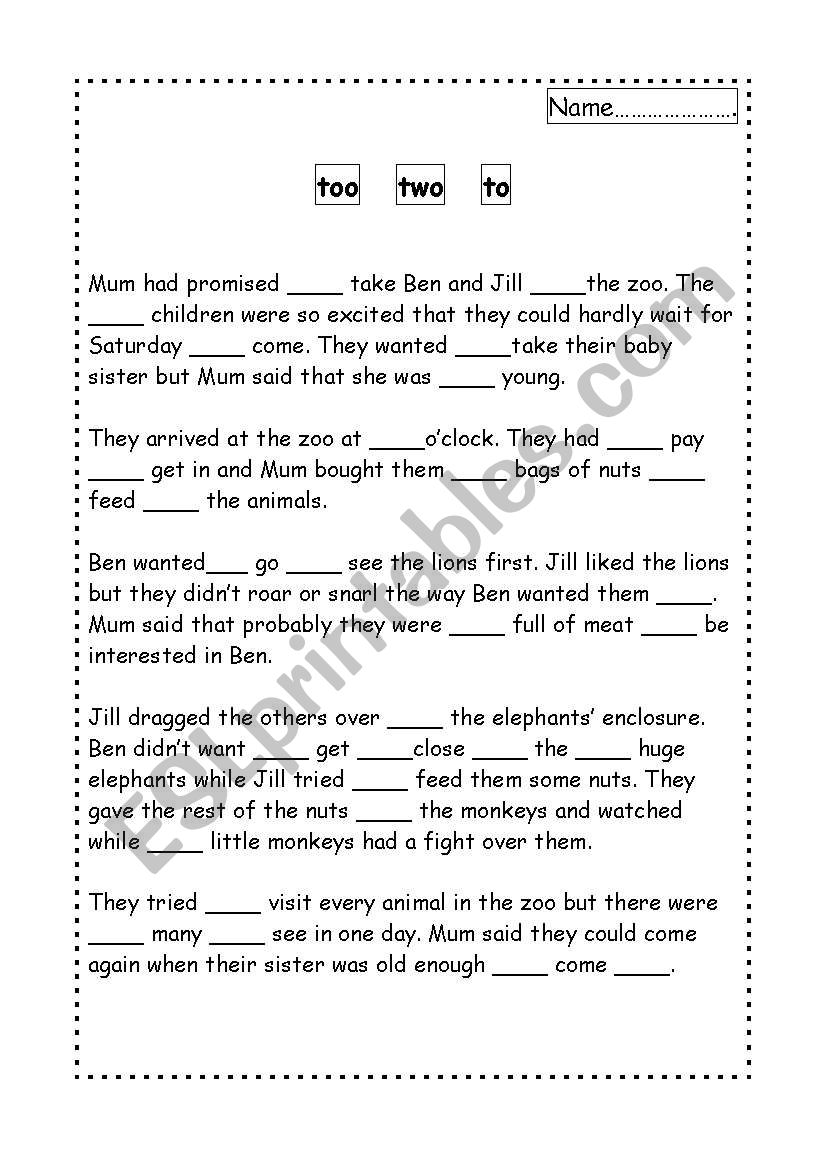 Too, two and to worksheet