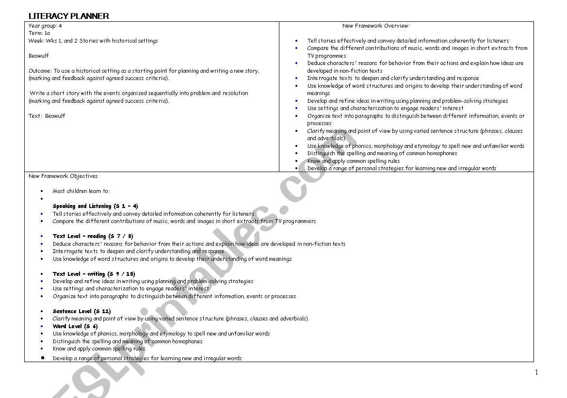 Beowulf planning accordding to new primary framework (UK)