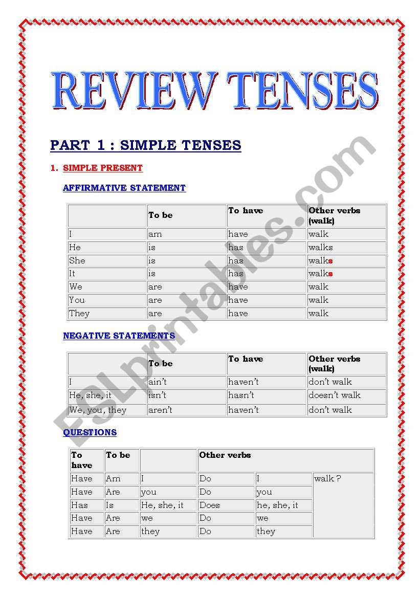 Review tenses (12 pages) worksheet