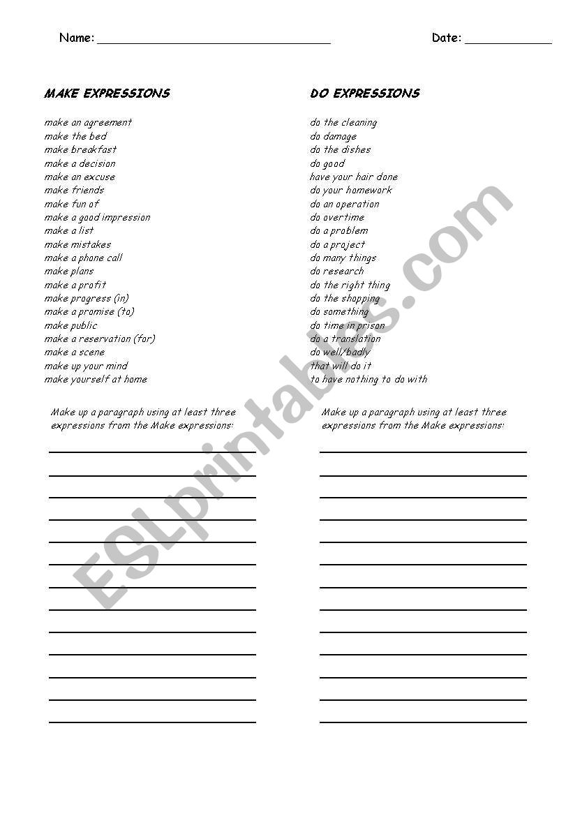 to do and to make expressions worksheet