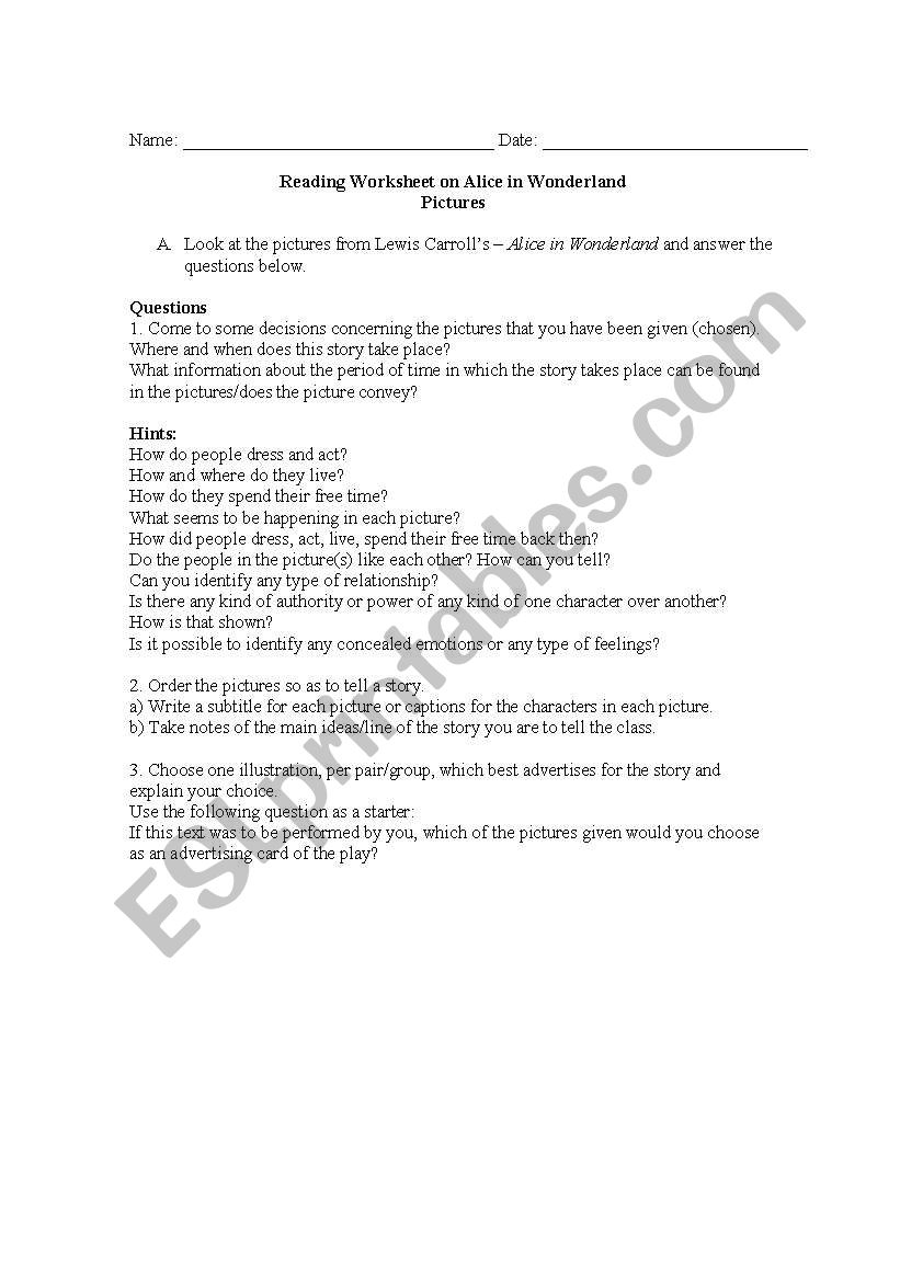 Reading worksheet on Alice in Wonderland