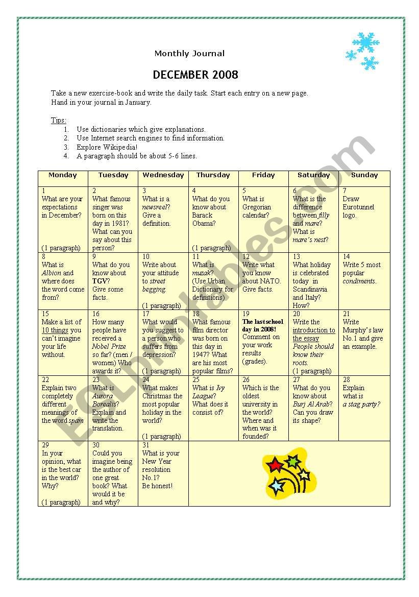 Monthly Journal worksheet